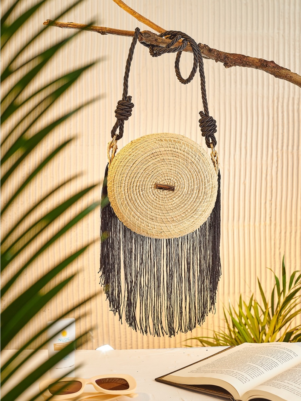 Round Woven Fringe Crossbody Bag - Natural and Black